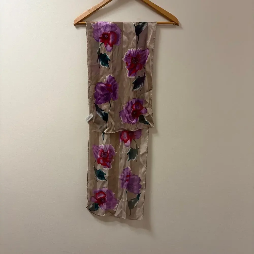 VTG Jacqueline Ferrar 100% Silk Floral Oblong Scarf Coquette Regencycore Boho